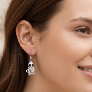 Close-up of a woman's right ear with a silver dangling earring and brown hair tucked behind the ear.