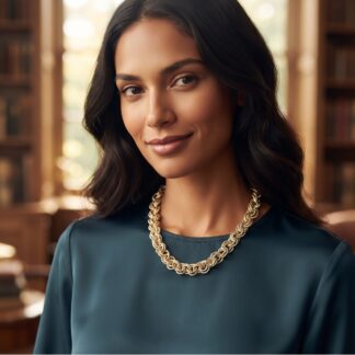 Woman wearing a teal blouse and a chunky gold necklace in a softly blurred library setting.