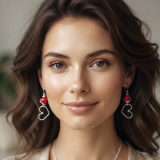 Close-up portrait of a smiling woman with wavy brown hair wearing red bead and silver heart earrings, looking at the camera.
