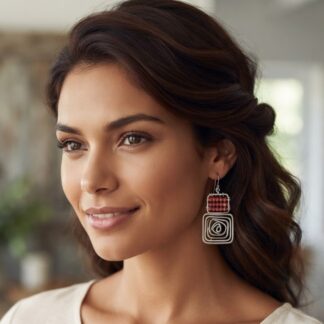 Close-up of a woman wearing geometric silver square earrings with red bead accents on her left ear.