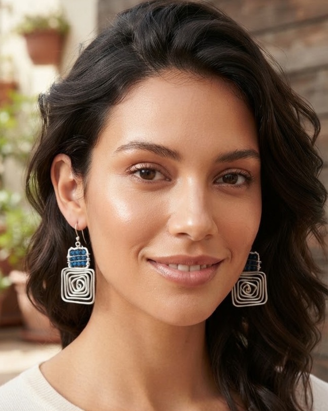 1791805218814 - Zanghi collection Close-up of a smiling woman with dark wavy hair wearing large silver square spiral earrings.