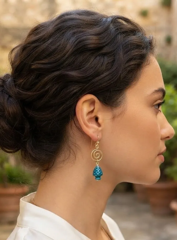 1791826570835 - Zanghi collection Side profile of a woman wearing a gold spiral drop earring with a blue bead.