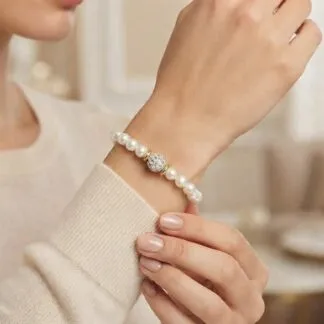 Pearl bracelet with a sparkling central bead on a model's wrist, against a soft sweater sleeve.