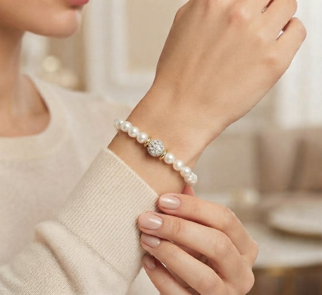 1791744545280 - Zanghi collection Pearl bracelet with a sparkling central bead on a model's wrist, against a soft sweater sleeve.