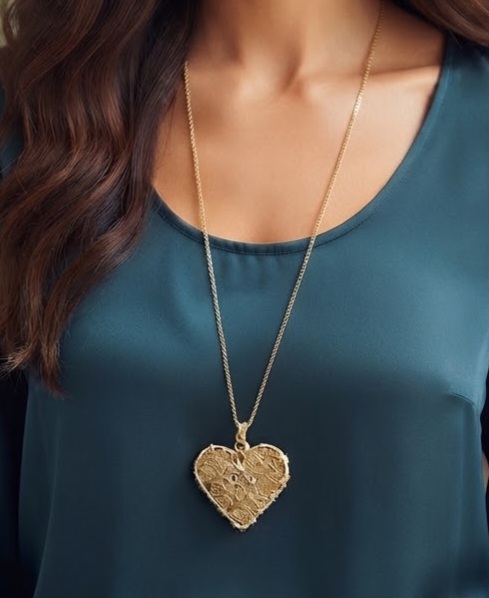 1790681356445 - Zanghi collection Close-up of a gold heart pendant on a chain resting on a teal blouse.